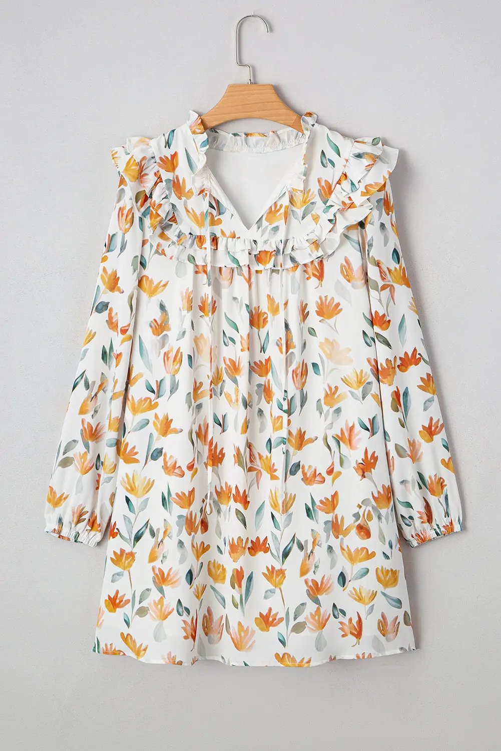 Yellow Floral Print Tie Neck Frilled Long Sleeve Mini Dress Dear-Lover Dropshipping